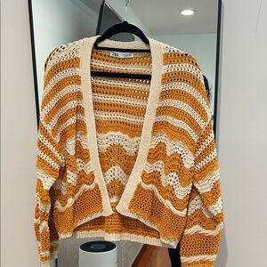 Zara Women's Chevron Knit Cardigan - Orange and Cream